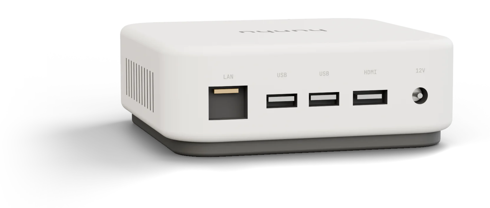 The back of the hunhu box, as an illustration: a network port, two USB ports, an HDMI port and a power socket.